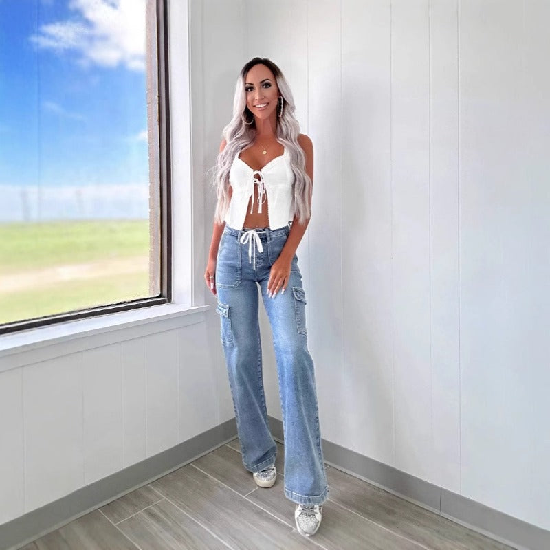 Women's pants: factory direct straight-leg jeans, american casual drawstring multi-pocket cargo pants - in stock