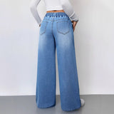 Women's washed solid color high-waisted wide-leg pants - elastic waist, loose fit, slimming, long jeans for women (cross-border e-commerce)