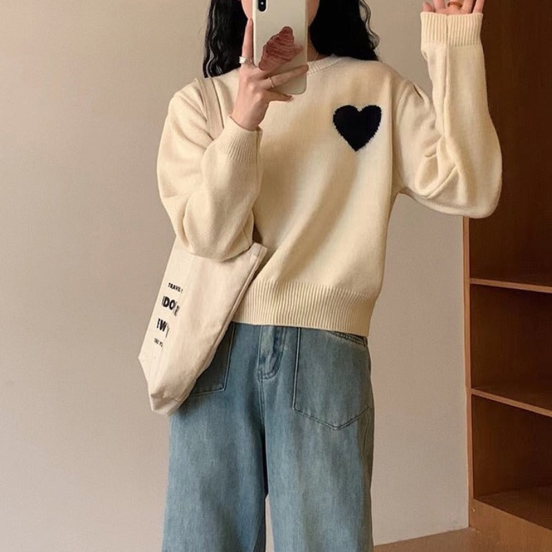 Women Knitted Pullover Love Embroidered Crew Neck Sweater Autumn and Winter Loose Long Sleeve Pullover Sweater