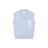 Ami heart jacquard v-neck knit vest - women's fall/winter loose fit outerwear - versatile sweater vest - blue/pink (couple's style)