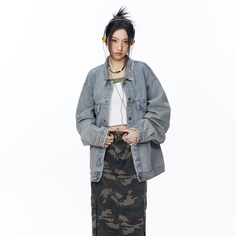 Unisex Jacket Autumn Simplicity Frayed Denim Jacket