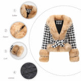 Women Trench Coat Autumn and Winter Plaid Coat Detachable Short Fur Collar Top Houndstooth