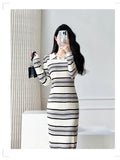 Women Maxi Dress Autumn Winter Retro Polo Collar Striped Knitted Dress