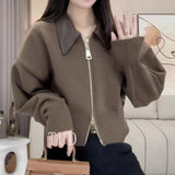 Women Knitted Cardigan Polo Leather Collar Stitching Double-Headed Zipper Sweater Coat
