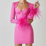 Women Dresses Autumn and Winter Long Sleeve Feather Cuffs Bandage Dress Elegant Dress Party Dress Skirt (Ont0408)