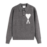 Ami araunriflove polo collar lapel wool sweater long sleeves couple fall and winterembroiderknitting shirt