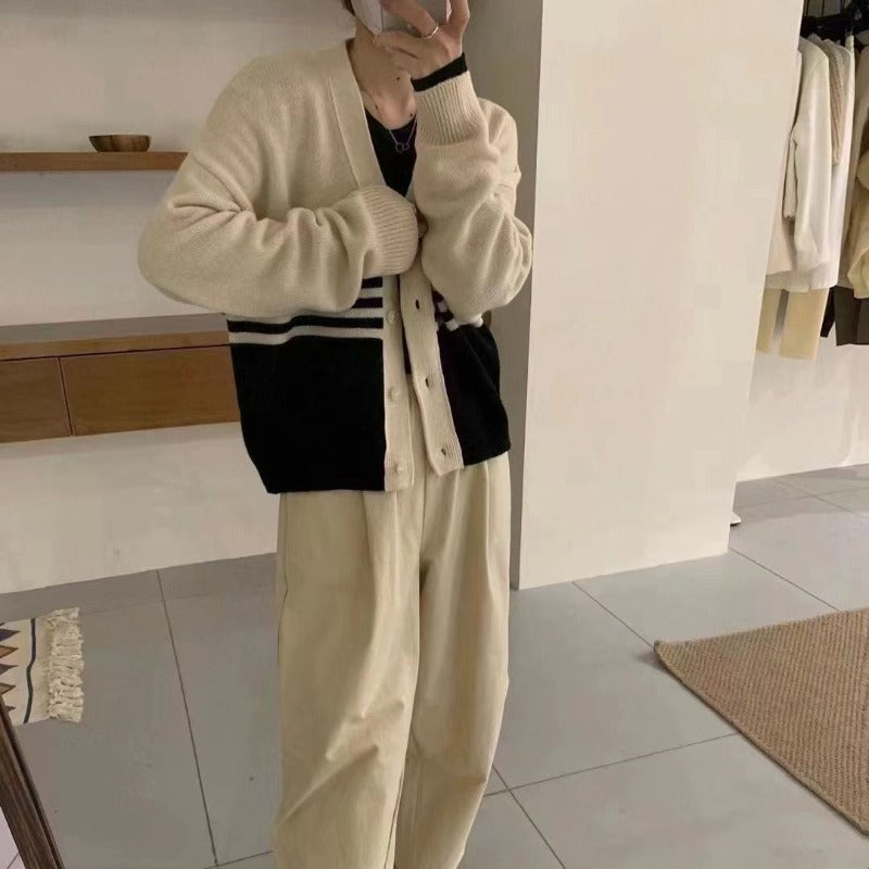 Women Knitwear Autumn and Winter Striped V-neck Sweaters Cardigan