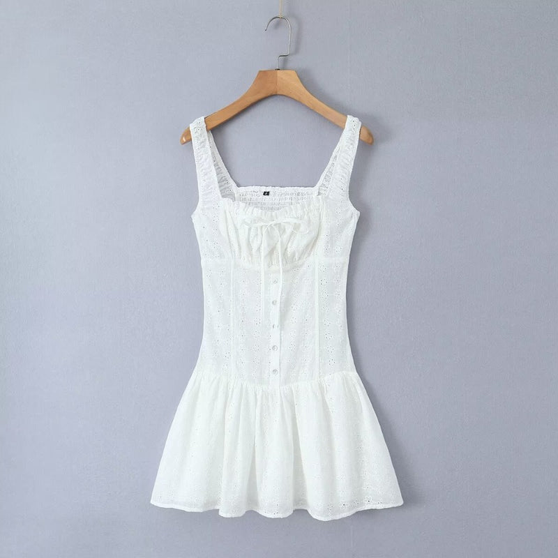 Women Dresses Summer Embroidered Square Collar Dress Hollow Skirt (Xds0414)