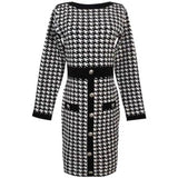 Women Maxi Dress Autumn Winter Retro Houndstooth Knitted Dress