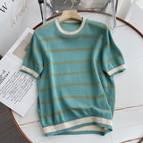 Women Sweater Knitwear Striped Loose Short Sleeve Knitted T-shirt Female Student O-neck Short Top
