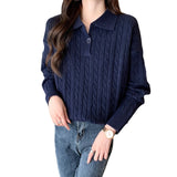 Women Knitwear Fall and Winter Lapels Cable-Knit Sweater Vintage Sweater