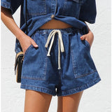 Women's pants: european and american cross-border retro casual loose-fit short-sleeve shirt and shorts denim two-piece set - women's spring/summer collection