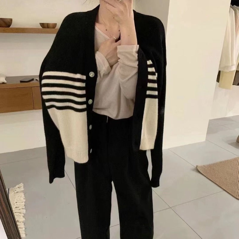 Women Knitwear Autumn and Winter Striped V-neck Sweaters Cardigan