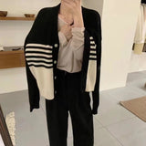 Women Knitwear Autumn and Winter Striped V-neck Sweaters Cardigan
