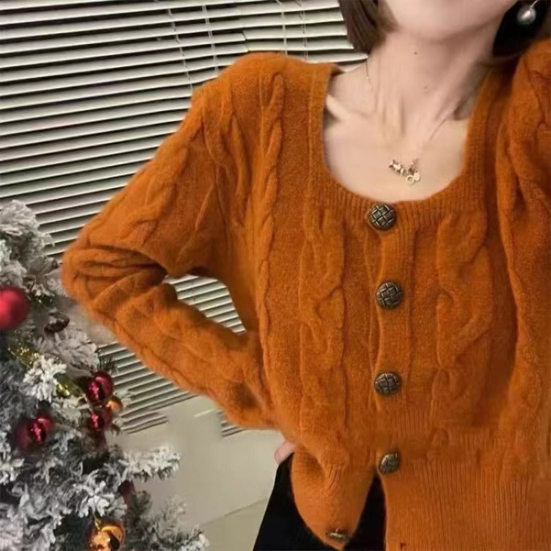 Women Knitwear Spring and Autumn Square Collar Sweater Loose Knitted Cardigan