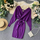 Women Maxi Dress Autumn Winter Sexy Long Sleeve V-neck Knitted Sheath Dress