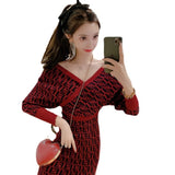 Women Maxi Dress Spring and Autumn Sexy Long Sleeve V-neck Knitted Sheath Dress