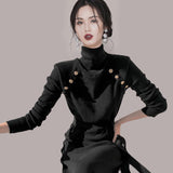 Women Maxi Dress Autumn Winter Retro Turtleneck Buttons Long Sleeve Knitted Dress