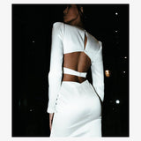 Women Evening Dress V-neck Bandage Dress Long Sleeve Simple Hollow Dress