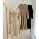 Women Maxi Dress Autumn and Winter Single-Breasted V-neck Knitted Dress