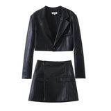 Women Leather Jacket Autumn Lapel Short Pu Leather Coat High Waist Hip-Wrapped Skirt
