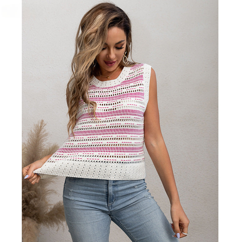 Women Knitwear Sleeveless T-shirt Knitted round Neck Hollow-out Top