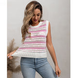 Women Knitwear Sleeveless T-shirt Knitted round Neck Hollow-out Top