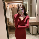 Women Maxi Dress Spring and Autumn Sexy Long Sleeve V-neck Dress Knitted Sheath Dress