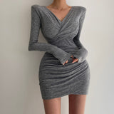 Women Dresses Brown Pleated Cross V-neck Long-Sleeve Dress Skirt