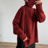 Women Knitted Pullover Red Sweater Turtleneck Coat Loose Sweater