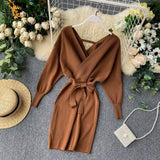 Women Maxi Dress Autumn Winter Sexy Long Sleeve V-neck Knitted Sheath Dress