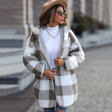 Women Trench Coat Casual Plush Women's Hooded Regular Long Sleeve Loose Plaid Puff Coat
