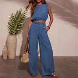 Women's pants: european and american style, autumn/winter hot seller, amazon bestseller, casual & unique denim bandeau top & braided rope wide-leg pants set