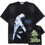Hip-hop t-shirts: american high street washed & distressed vintage puppet hand print oversized summer short sleeve tee