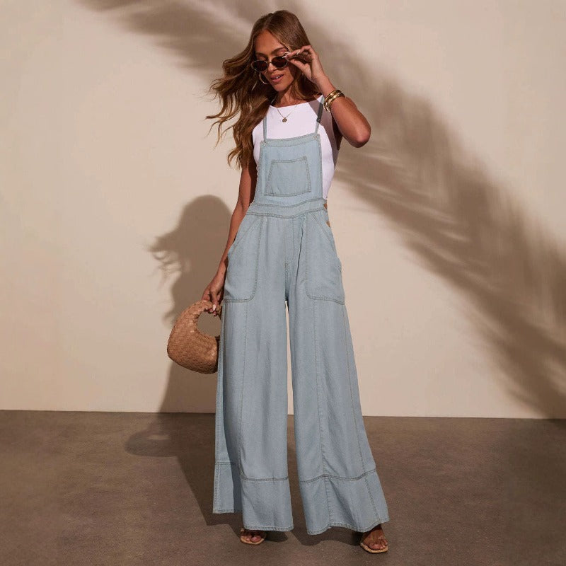 Women pants fashion cross-border ins style amazon women's clothing stylish street flap pocket pants wide leg pants suspender denim overalls