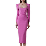 Women Dresses Elegant Bandage Dress Magenta Long Sleeve Square-Neck White Collar Dress (Ont0408)