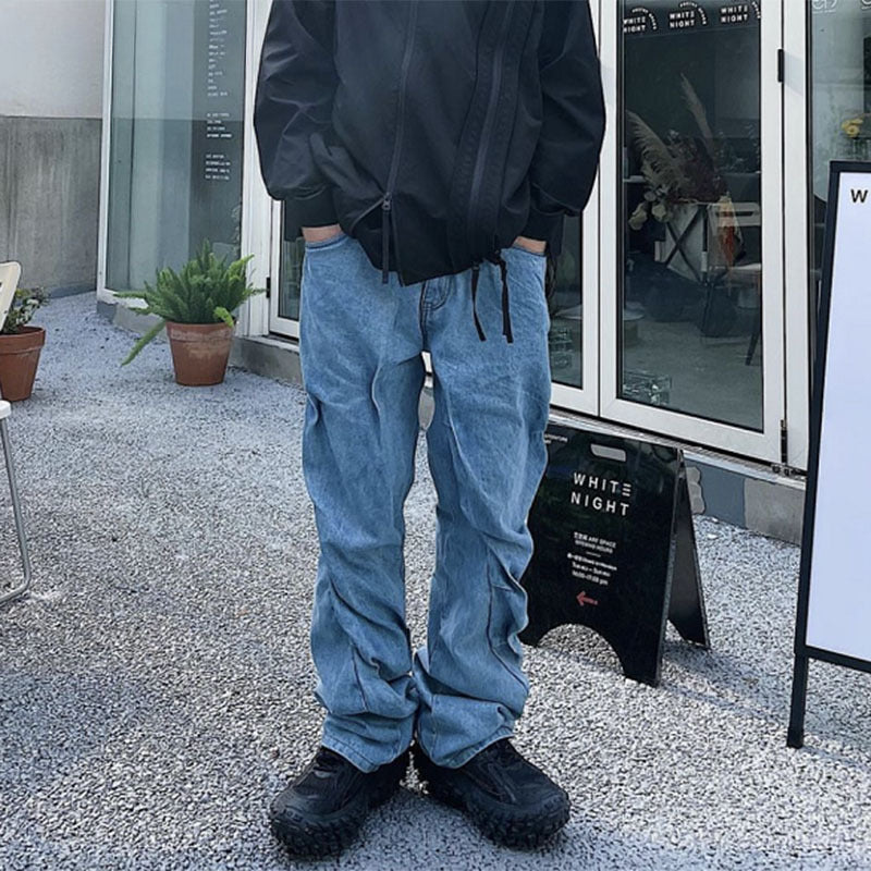 Men Jeans Vintage Worn Looking Washed-out Irregular Pleated Jeans