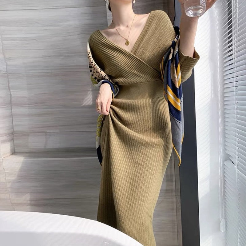 Women Maxi Dress Autumn Winter Retro V-neck Slim Knit Dress