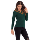 Women Knitted Sweater Casual Top Autumn Crew Neck Long Sleeve Color Matching Sweater