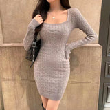 Women Maxi Dress Spring and Autumn Square Collar Knitted Dress Hip Skirt