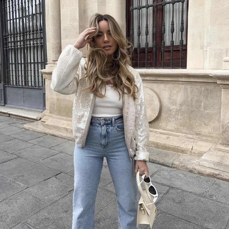 Women Jacket Spring round Neck Sequins Coat Short Casual Jacket