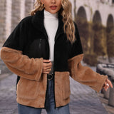 Women Trench Coat Lapel Long Sleeve Loose Color Matching Zipper Thickening Double-Sided Velvet Casual Jacket