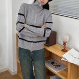 Women Knitted Cardigan Contrast Color Striped Lapel Sweater Coat Retro Loose Knitted Cardigan