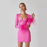 Women Dresses Elegant Feather Long Sleeve Party Dress (Ont0408)