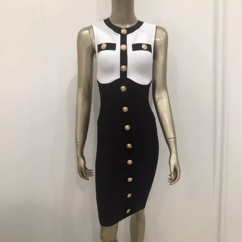 Women Dresses Black and White Single-Breasted Sheath Dress (Ont0408)