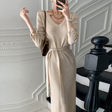 Women Maxi Dress Autumn V-neck Slim Fit Slit Knitted Dress