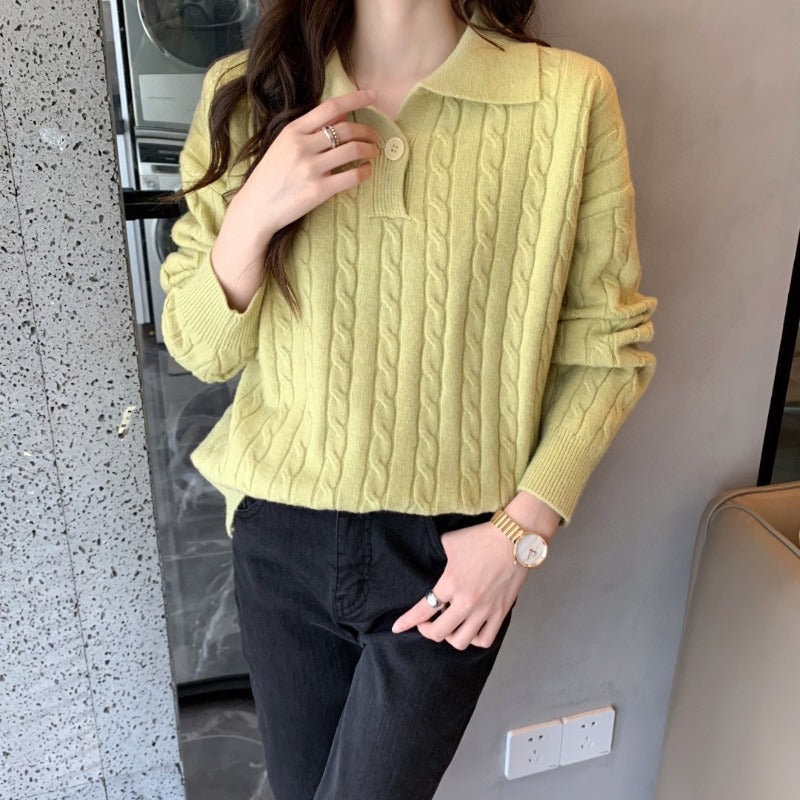 Women Knitwear Fall and Winter Lapels Cable-Knit Sweater Vintage Sweater