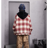 Unisex Jacket Retro Patchwork Plaid Coat for Men and Women Couple Cardigan Hooded Hooded Jacket