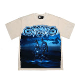 Hip-hop t shirts american high street retro washed heavy metal fluorescent dot skull printing washed short-sleeved t-shirt tee