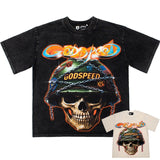 Hip-hop t-shirts: american skull warrior print, relaxed fit, washed vintage, distressed, casual, trendy short-sleeve tee